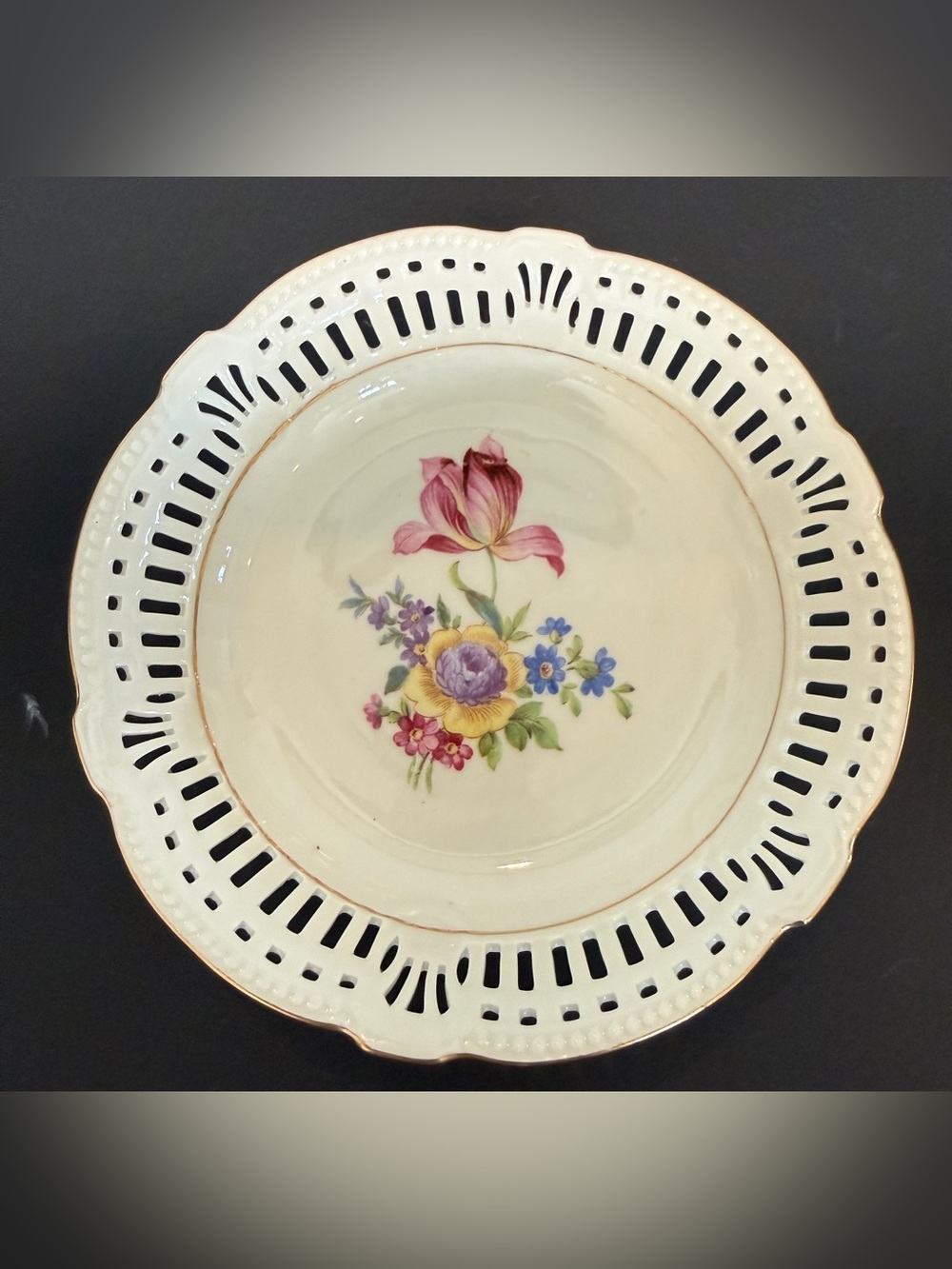 Vintage Bavaria Reticulated Floral Porcelain Bowl U.S. Zone Germany